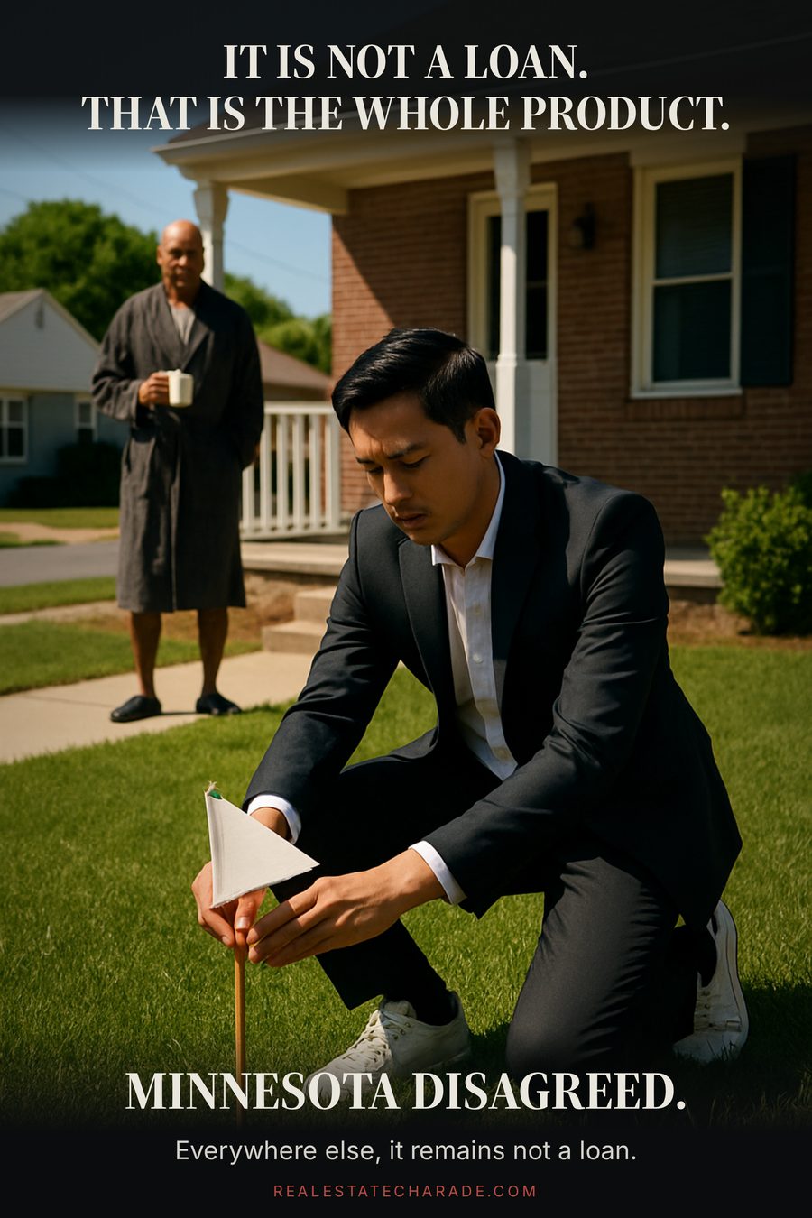 Meme photo of a man in a blazer solemnly planting a small blank pennant in a suburban front lawn while a homeowner in a bathrobe watches from the porch, captioned it is not a loan, that is the whole product, Minnesota disagreed.