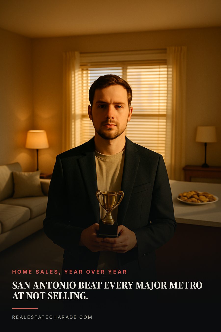 Poster graphic: a man in a blazer stands alone in an empty staged living room holding a small gold trophy, with an untouched tray of cookies behind him. Text reads that San Antonio beat every major metro at not selling.