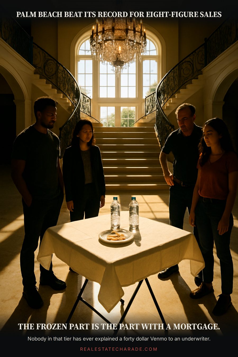A small folding card table with crackers and two water bottles standing alone in a vast empty marble mansion foyer. Caption above says Palm Beach beat its record for eight-figure sales, caption below says the frozen part is the part with a mortgage.