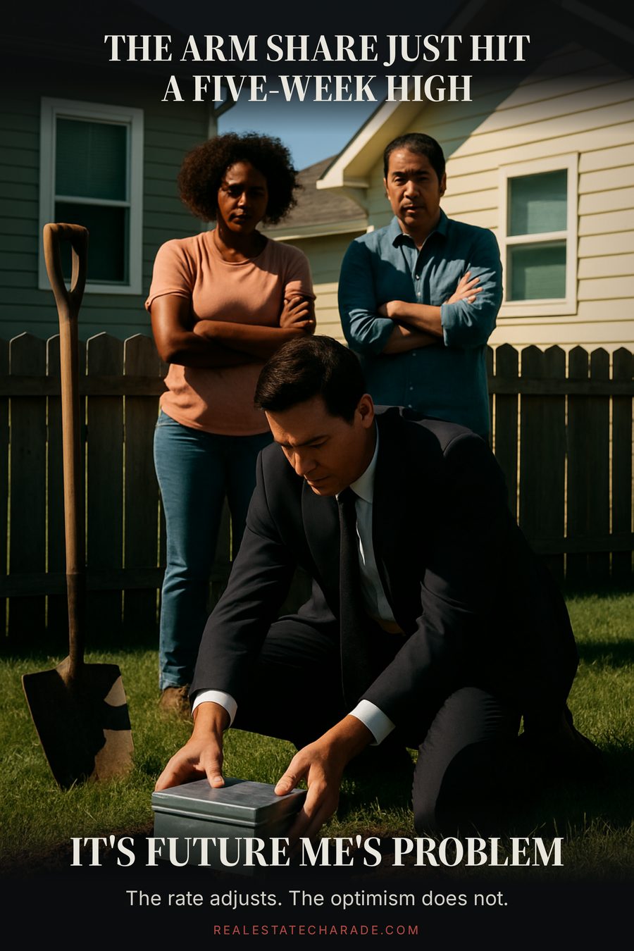 A man in a suit solemnly buries a metal box in his suburban backyard while two neighbors watch over the fence. Caption above notes the adjustable-rate share hit a five-week high. Caption below reads it's Future Me's problem.
