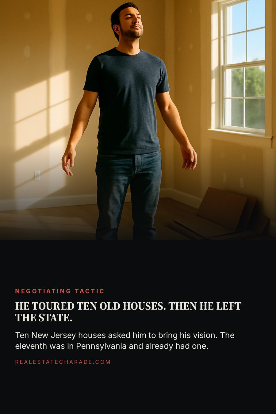 Photo of a man in disposable shoe covers standing with eyes closed in an empty new-construction living room. Headline reads 'He toured ten old houses. Then he left the state.' with the line 'Ten New Jersey houses asked him to bring his vision. The eleventh was in Pennsylvania and already had one.'