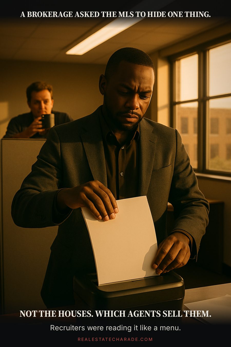 A man in a blazer calmly shredding a stack of printed property listing sheets while a coworker watches, captioned that a brokerage asked the MLS to hide not the houses but which agents sell them.