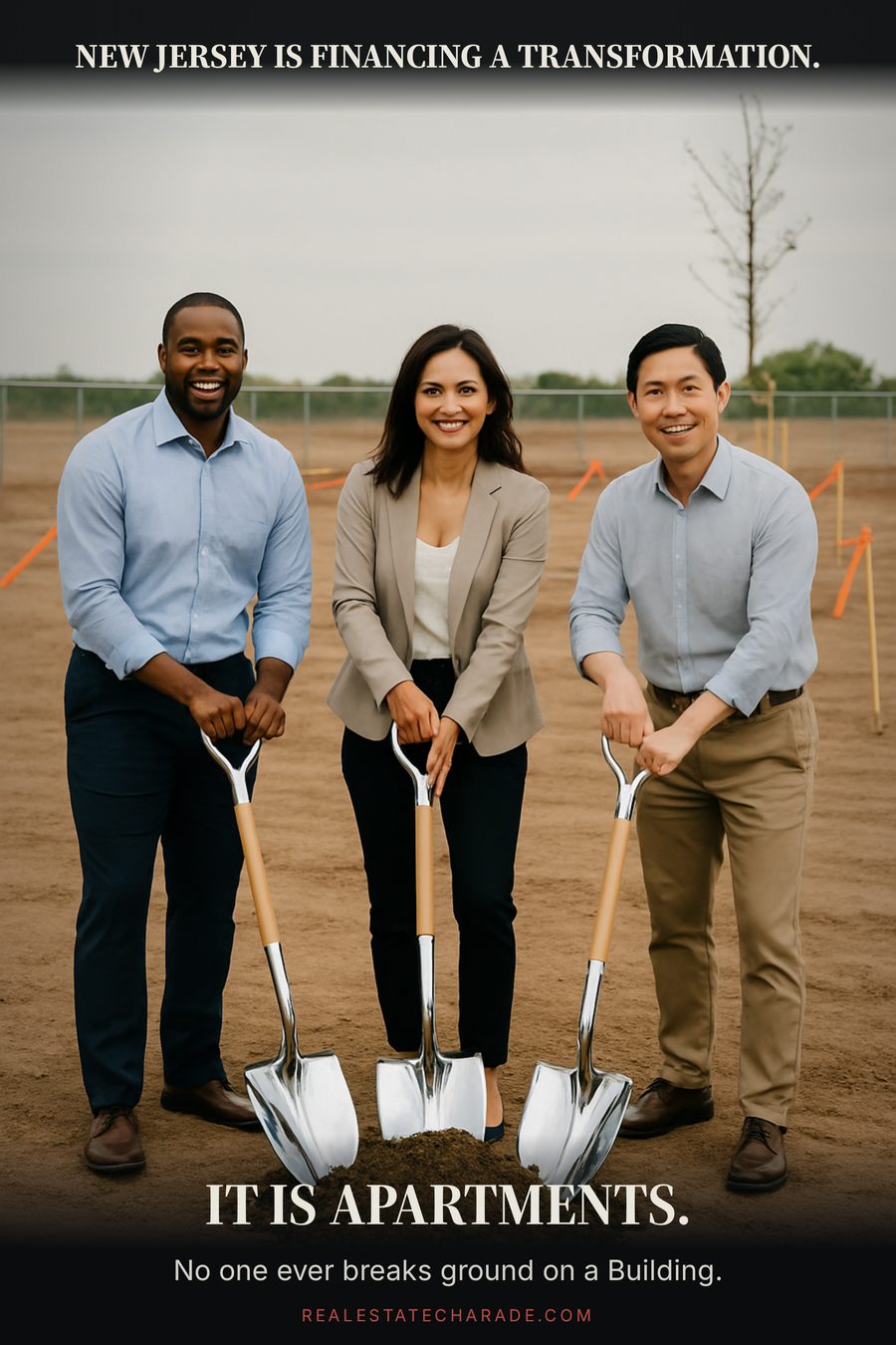 Meme image: three people in business casual hold ceremonial shovels in a dirt pile on an empty graded lot with survey stakes behind them. Caption above reads that New Jersey is financing a Transformation, caption below reads: It is apartments.