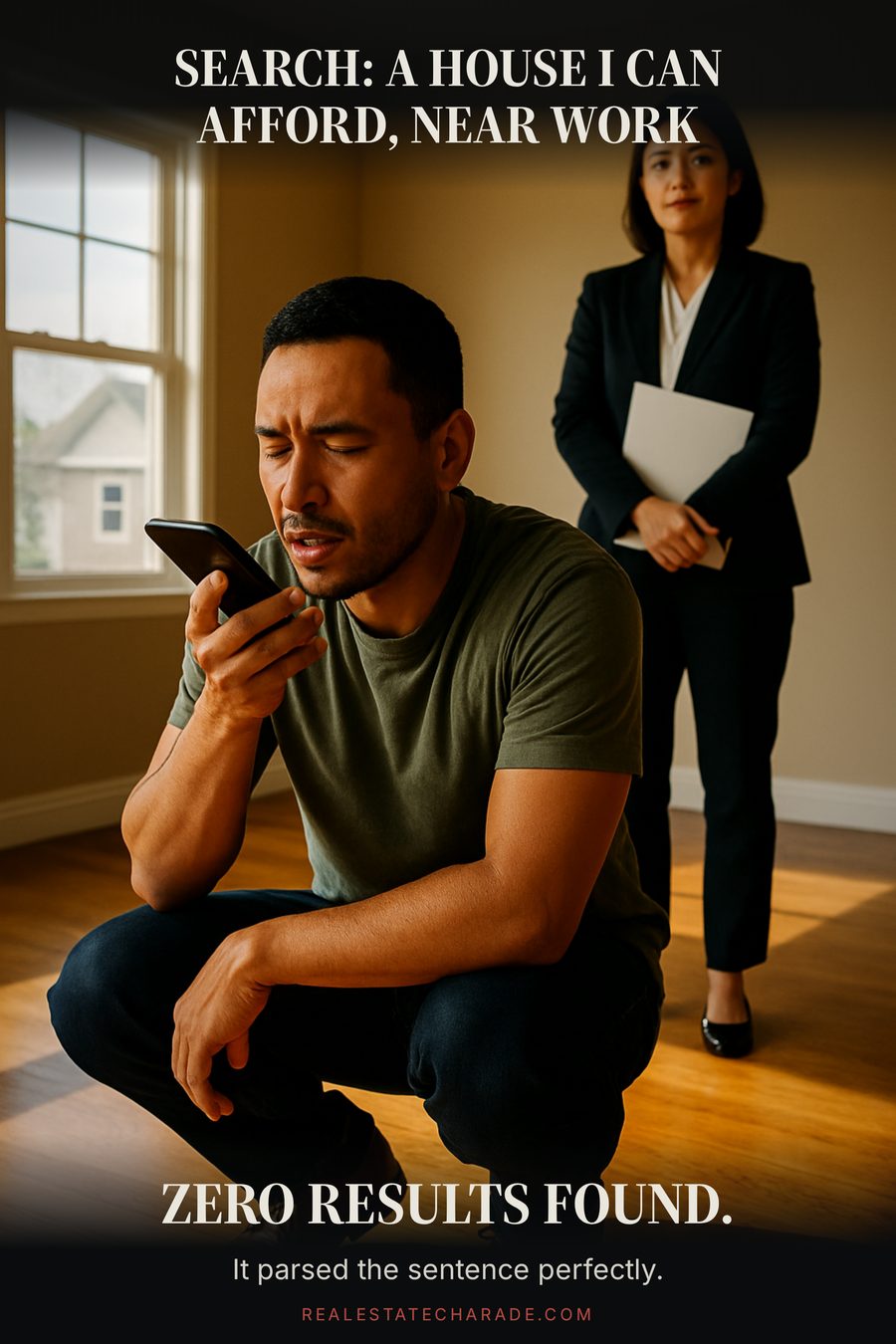 A person crouches on the floor of an empty living room speaking into their phone while an agent with a clipboard waits behind them. Caption: search, a house I can afford near work. Zero results found.