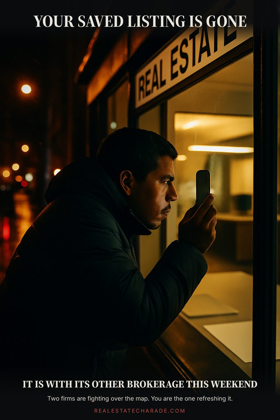 A man in a puffer coat presses his phone against the window of a closed Manhattan real estate office at night, squinting inside. Caption above: 'Your saved listing is gone.' Caption below: 'It is with its other brokerage this weekend.'