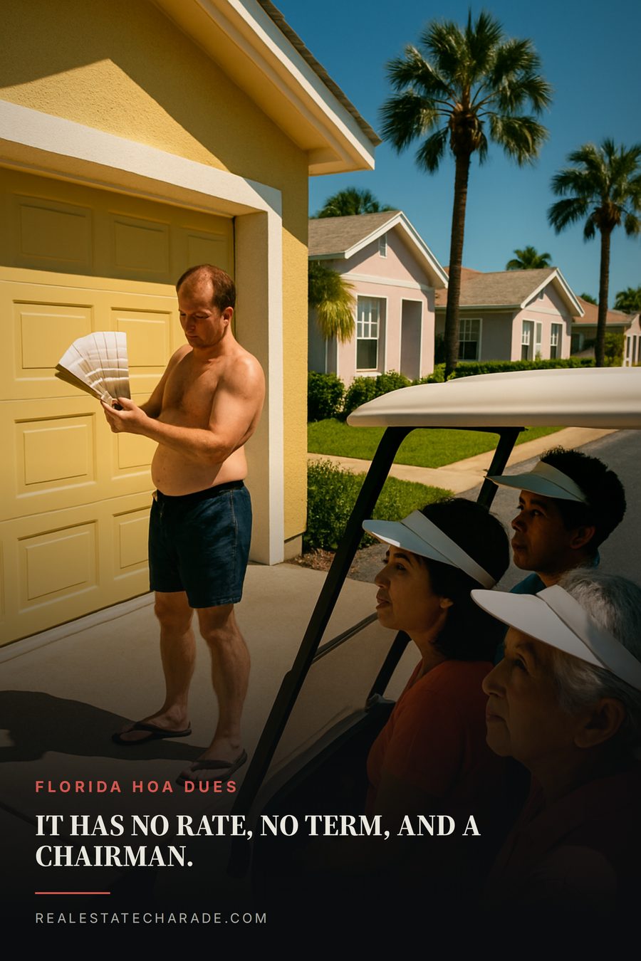 A man in swim trunks holds a paint color fan deck against his garage door while neighbors watch from a golf cart. Headline reads it has no rate, no term, and a chairman, with a kicker reading Florida HOA dues.