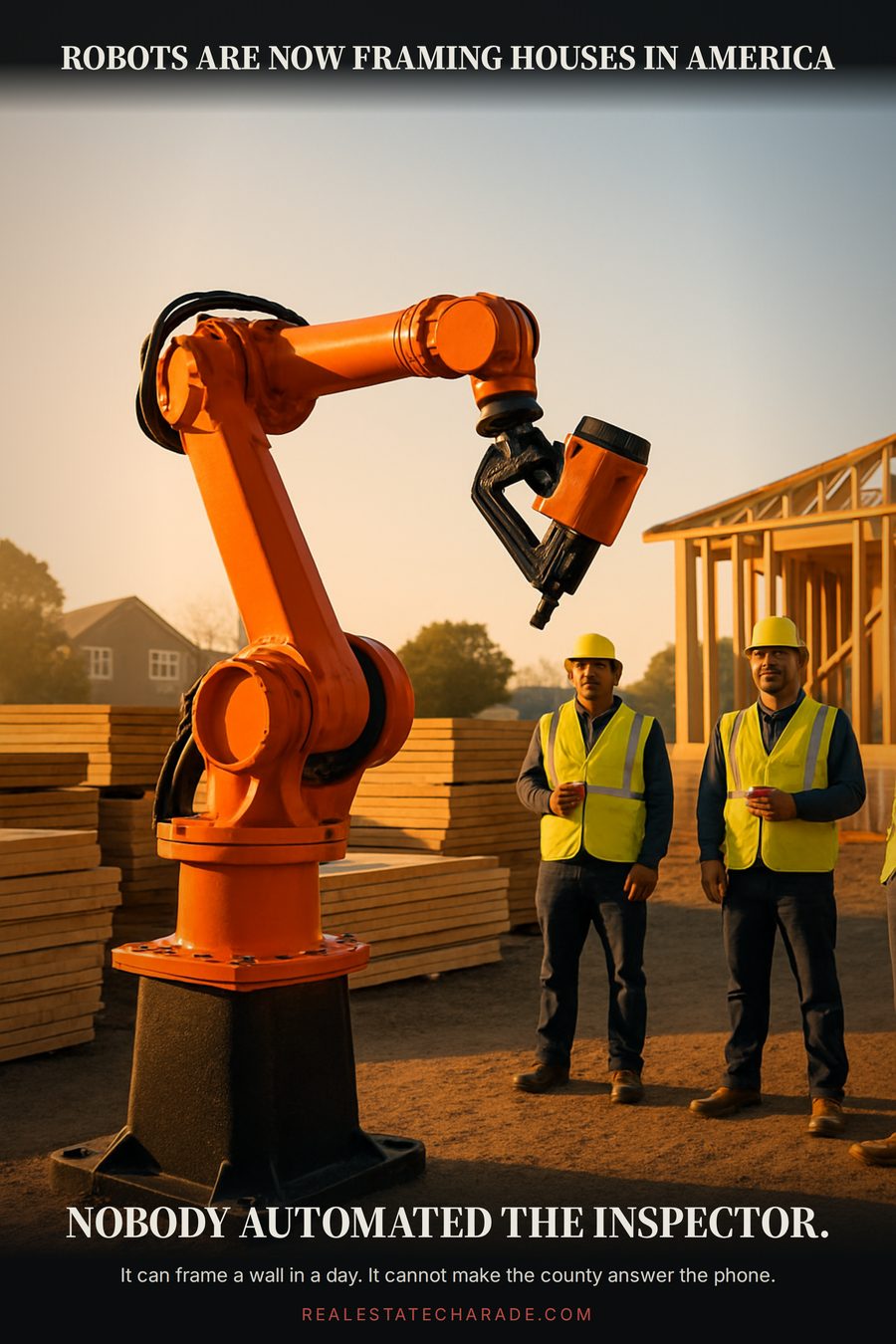 A large orange robotic arm holding a nail gun stands on a residential construction site at dawn while three workers in hard hats watch it holding coffee cups. Top caption says robots are now framing houses in America; bottom caption says nobody automated the inspector.