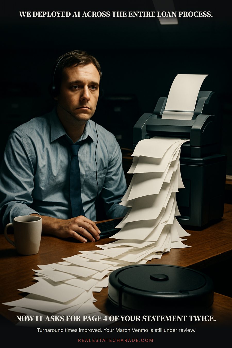 A dead-eyed loan officer in a headset sits at a desk while a scanner dumps a huge pile of paper on the floor and a robot vacuum bumps into it. Caption above says We deployed AI across the entire loan process. Caption below says Now it asks for page 4 of your statement twice.