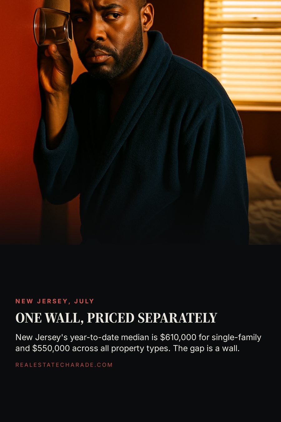 A man in a bathrobe presses a drinking glass to his bedroom wall and listens. Text below reads: One wall, priced separately. New Jersey's year-to-date median is $610,000 for single-family and $550,000 across all property types. The gap is a wall.