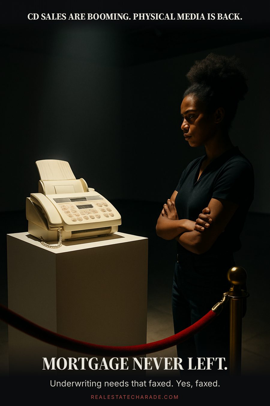 An old beige fax machine sits alone on a white museum pedestal under a spotlight behind a velvet rope, with a young woman studying it seriously. Caption above notes that CD sales are booming and physical media is back; caption below reads that mortgage never left.