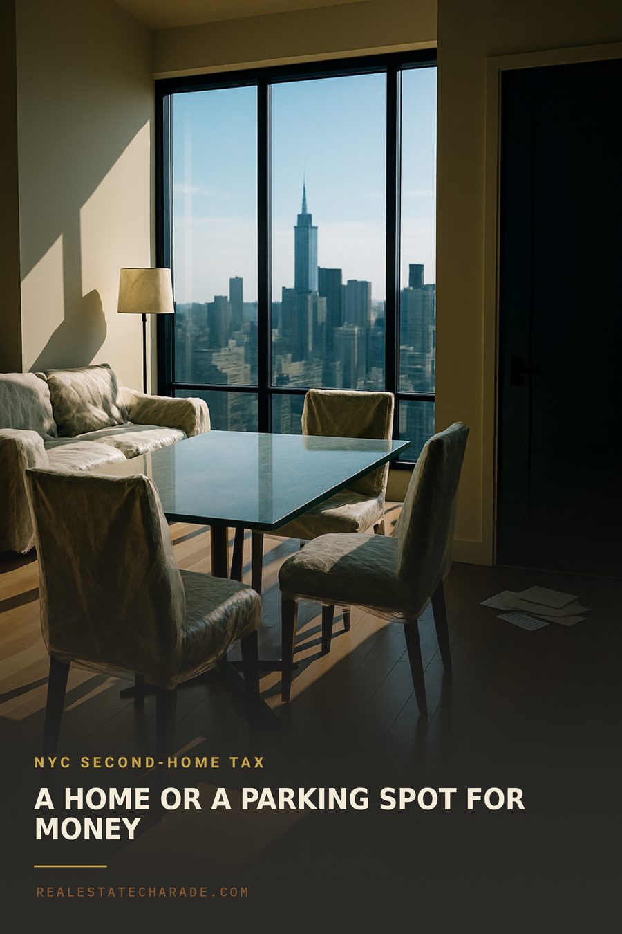 An empty luxury apartment with furniture still wrapped in plastic, dust on the dining table and unopened mail on the floor by the door. Large headline reads A home or a parking spot for money, with a kicker referencing the New York second-home tax.