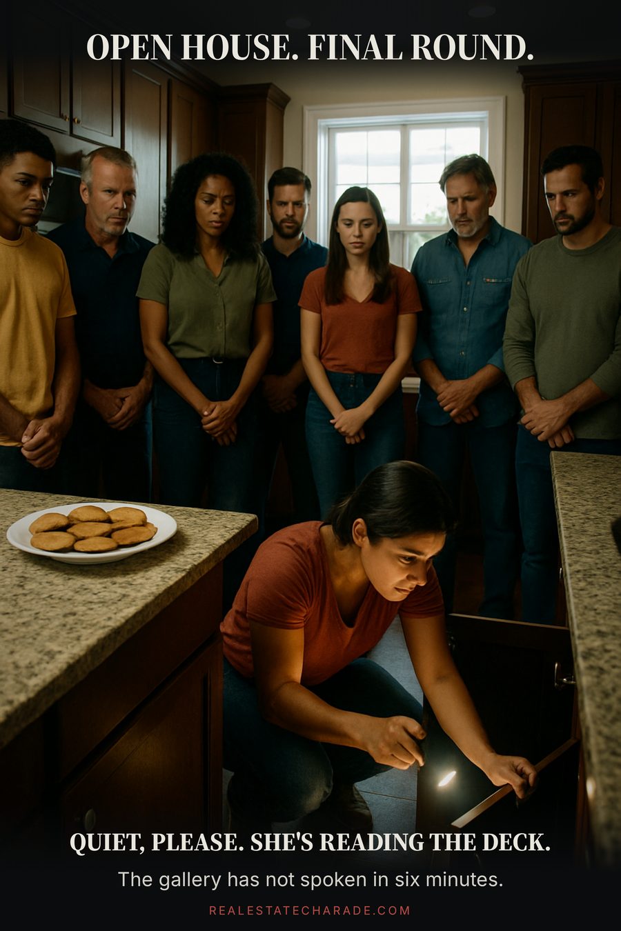 Eight adults stand silently in a tight semicircle in a suburban kitchen watching one woman crouch and open the cabinet under the sink. Caption above reads open house, final round. Below reads quiet please, she's reading the deck.
