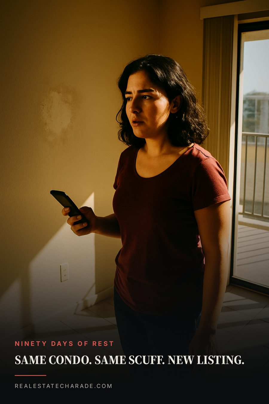 A woman stands in an empty beige-tiled condo living room staring at a scuffed wall with recognition. Text across the bottom reads: Same condo. Same scuff. New listing. Ninety days of rest.