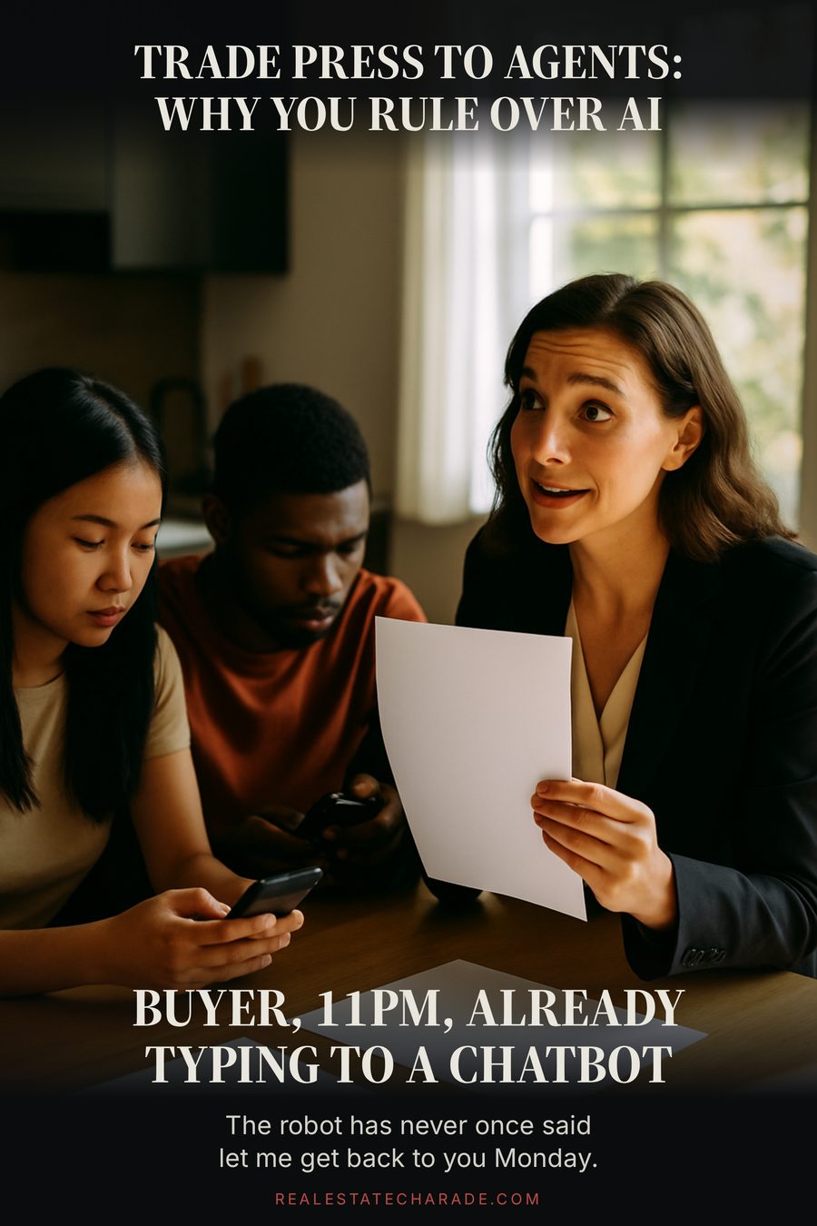 Meme format. Photo of an agent at a kitchen table holding up a printed handout while the couple across from him both look at their phones under the table. Caption above: Trade press to agents, Why You Rule Over AI. Caption below: Buyer, 11pm, already typing to a chatbot. Smaller line: The robot has never once said let me get back to you Monday.