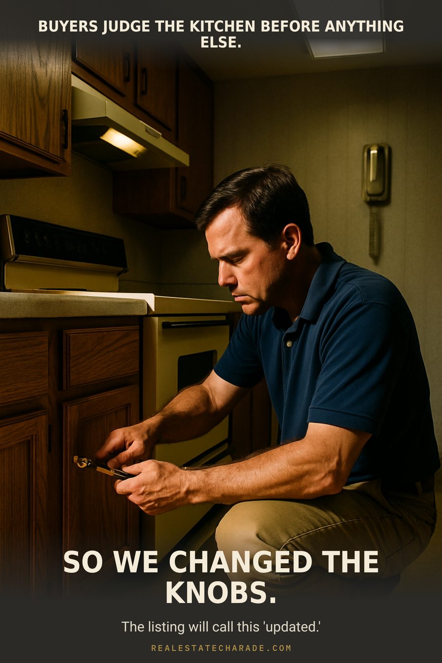 Meme image: a man kneels in a dated 1980s kitchen installing a single brass cabinet knob with total concentration. Caption above reads 'Buyers judge the kitchen before anything else.' Caption below reads 'So we changed the knobs.' Smaller line: 'The listing will call this updated.'