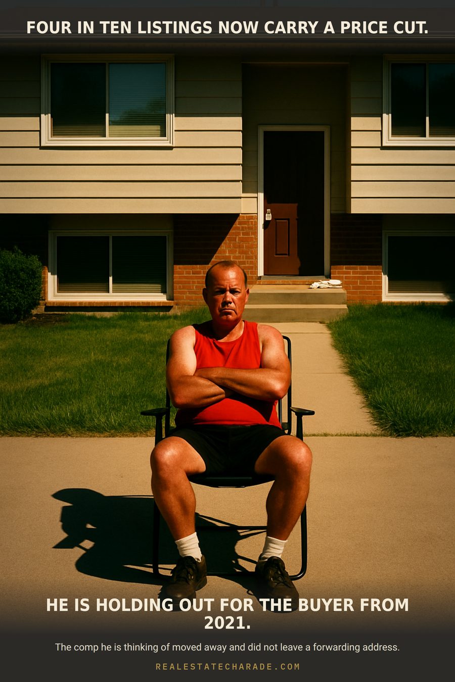A sunburned man sits alone in a folding lawn chair on an empty driveway in front of a house with a lockbox on the door. Caption above says four in ten listings now carry a price cut; caption below says he is holding out for the buyer from 2021.