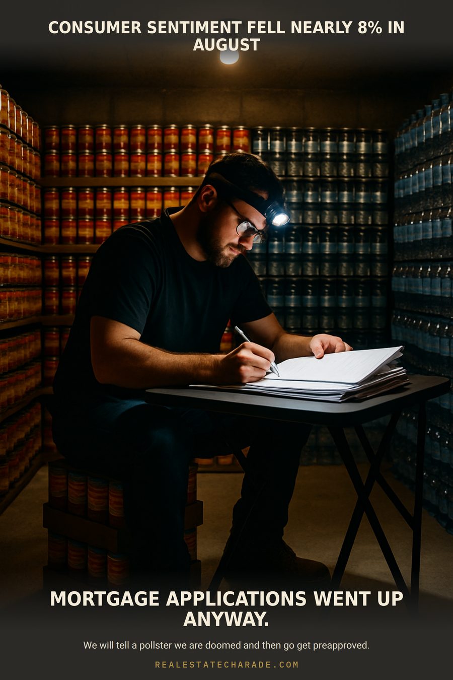 Meme image: a man in a headlamp signs mortgage paperwork at a folding table inside a basement stocked with canned goods. Caption above: consumer sentiment fell nearly 8% in August. Caption below: mortgage applications went up anyway.