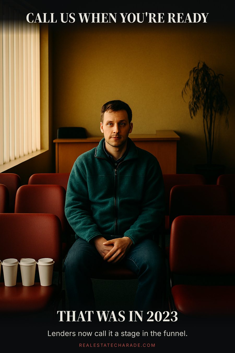 A man sits alone in an empty lender's waiting room with three empty coffee cups beside him. Caption above reads Call us when you're ready; caption below reads That was in 2023, with a line noting lenders now call it a stage in the funnel.