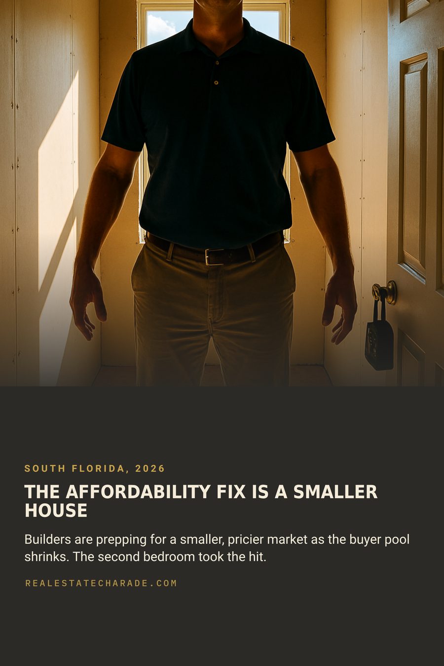 Photo of a tall man in a golf polo standing in a brand new bedroom so small his shoulders nearly touch both walls. Headline reads 'The Affordability Fix Is A Smaller House' with a line noting builders are prepping for a smaller, pricier market as the buyer pool shrinks.