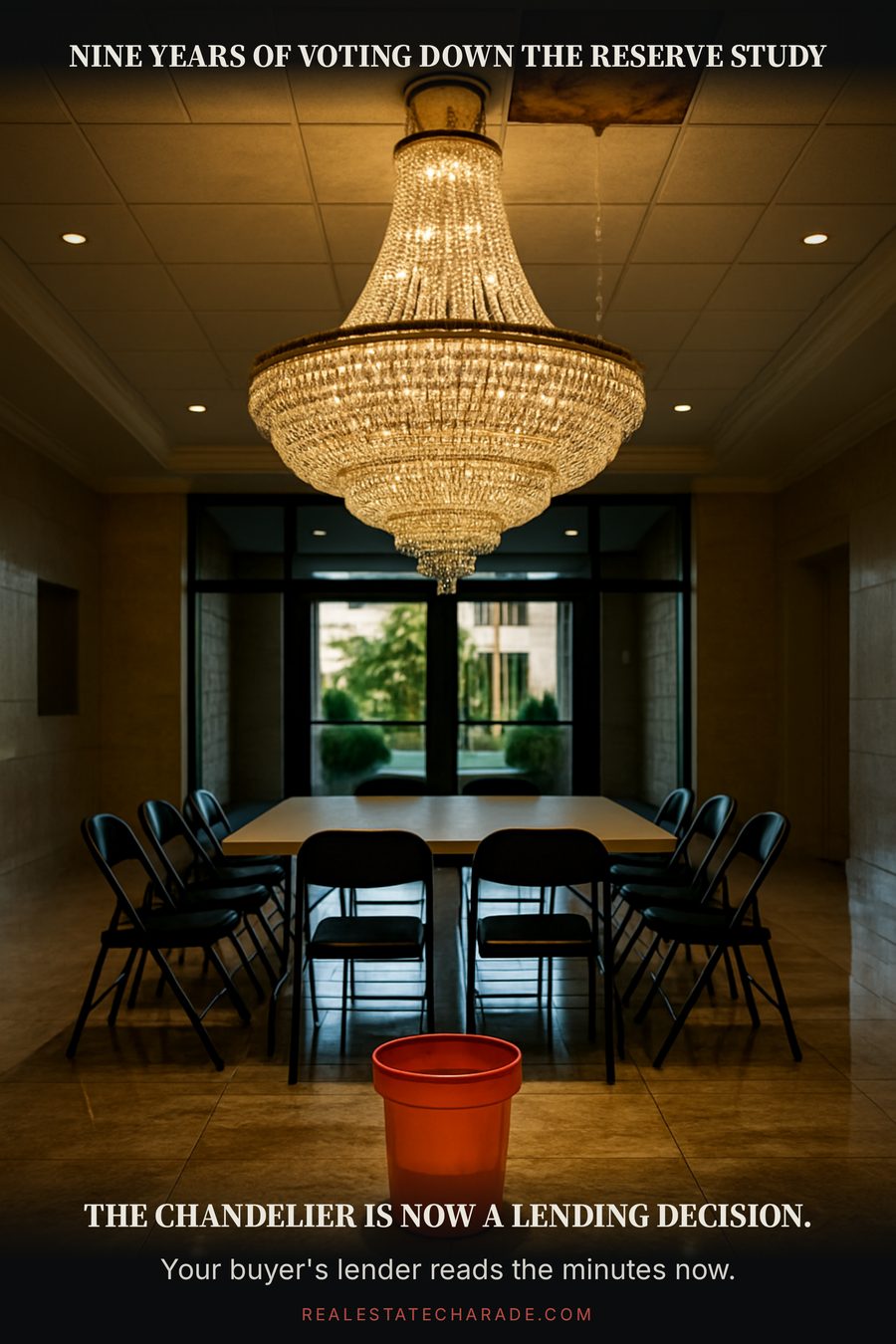 A condo lobby with a huge new crystal chandelier over marble floors and an orange bucket underneath catching a drip from a stained ceiling tile, folding chairs set up for a board meeting. Caption above reads nine years of voting down the reserve study; caption below reads the chandelier is now a lending decision.