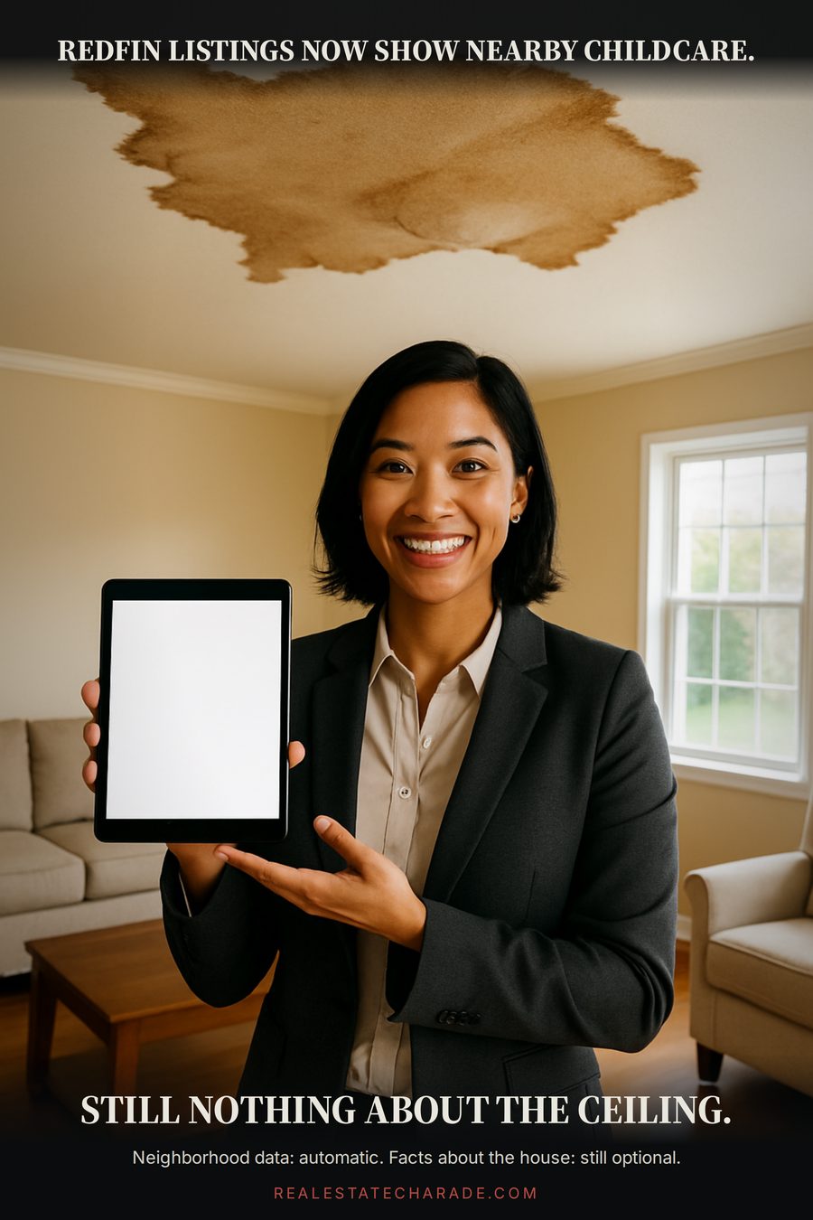 Meme: a smiling agent in an empty living room holds up a tablet while a huge water stain spreads across the ceiling above them. Text above reads Redfin listings now show nearby childcare. Text below reads still nothing about the ceiling.
