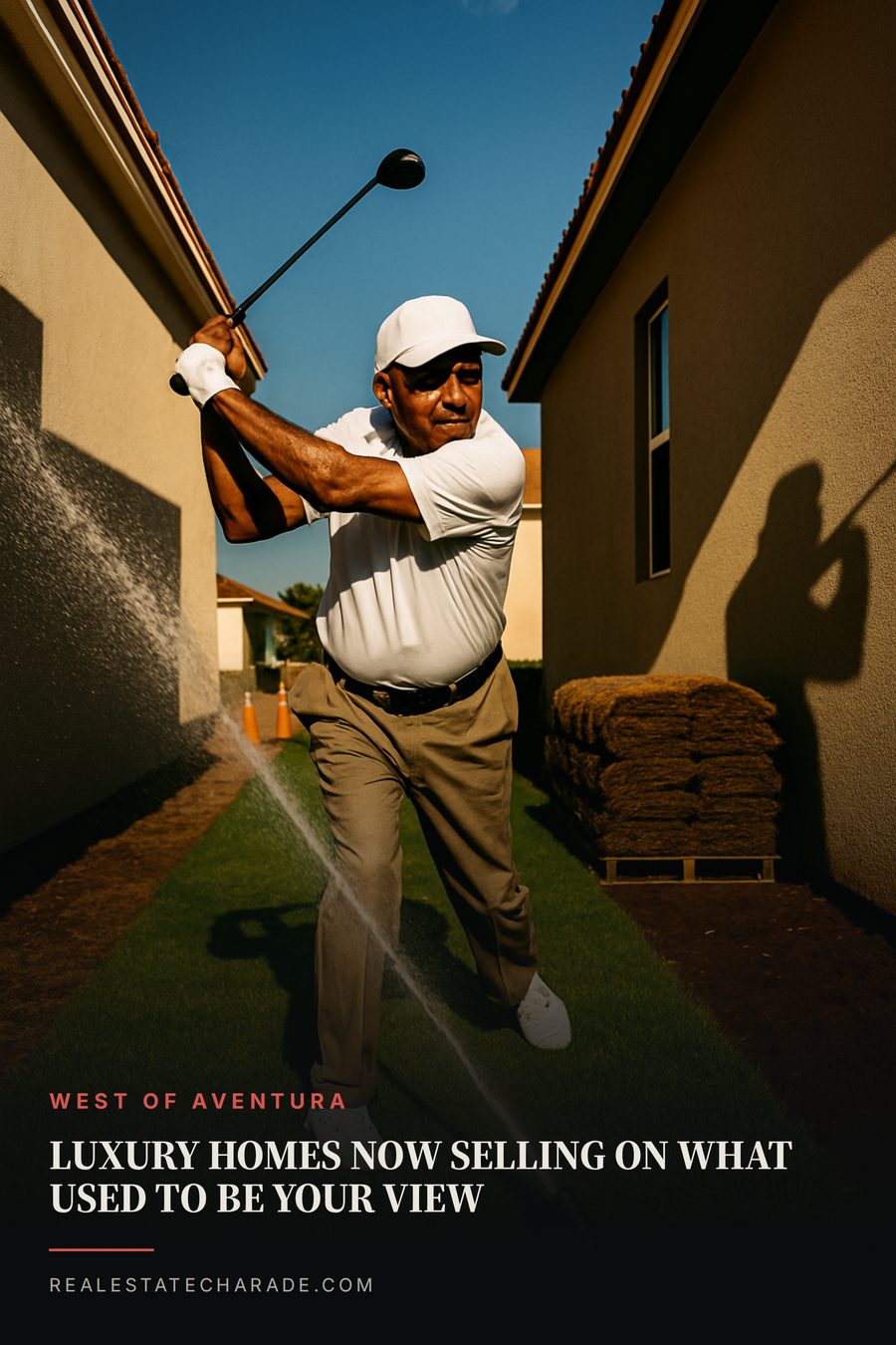 A man in golf clothes swings a club on a narrow strip of new sod between two brand-new stucco houses, sprinkler running, cones and turf pallets behind him. Text across the bottom reads: Luxury homes now selling on what used to be your view. Small line above: West of Aventura.