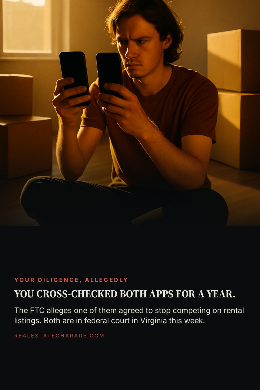 Photo of a young person sitting on the floor of an empty apartment among moving boxes, comparing two phone screens. Headline reads you cross-checked both apps for a year, with a line noting the FTC alleges one agreed to stop competing on rental listings.