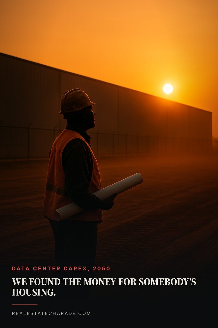 Dusk photo of a construction worker in a hard hat standing in an empty dirt lot holding rolled house plans, looking up at a long windowless grey data center behind a chain-link fence. Text across the bottom reads 'We found the money for somebody's housing.'