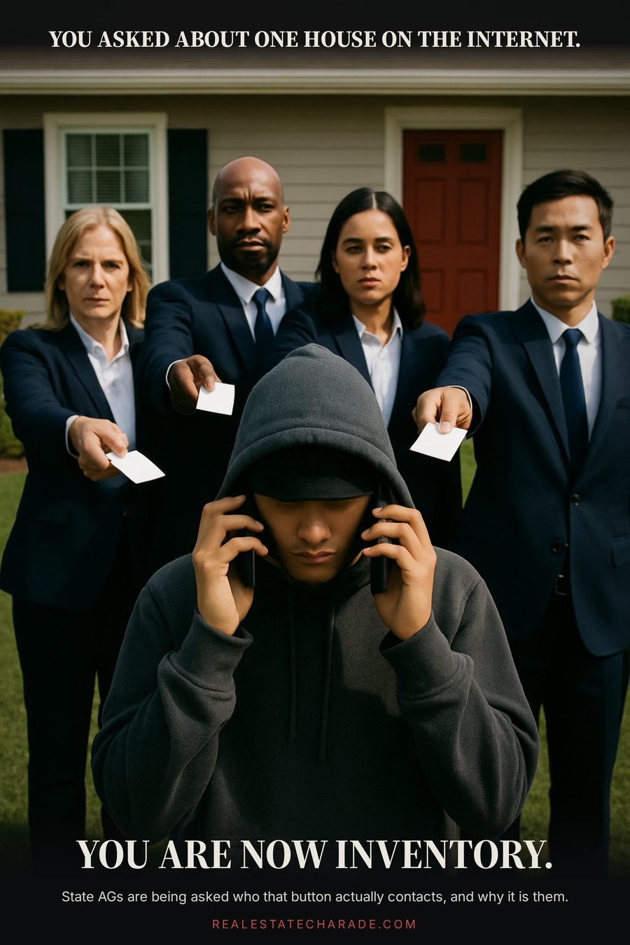 A person on a suburban lawn holds a phone to each ear while four people in matching navy blazers line up behind them extending business cards. Caption above: you asked about one house on the internet. Caption below: you are now inventory.