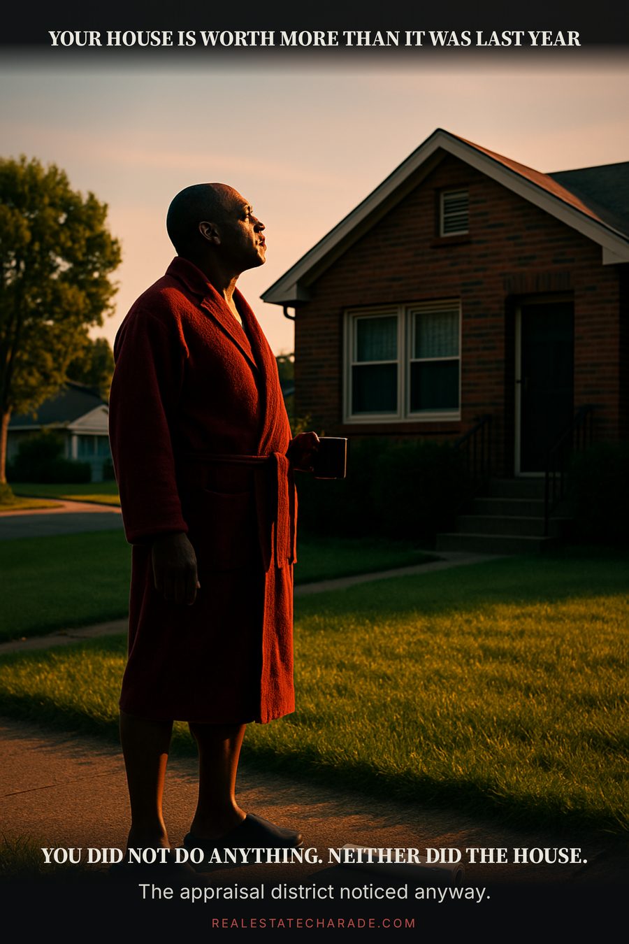 A man in a bathrobe stands barefoot on his lawn at dawn glaring at his own brick house. Top caption: your house is worth more than it was last year. Bottom caption: you did not do anything, neither did the house. Smaller line: the appraisal district noticed anyway.