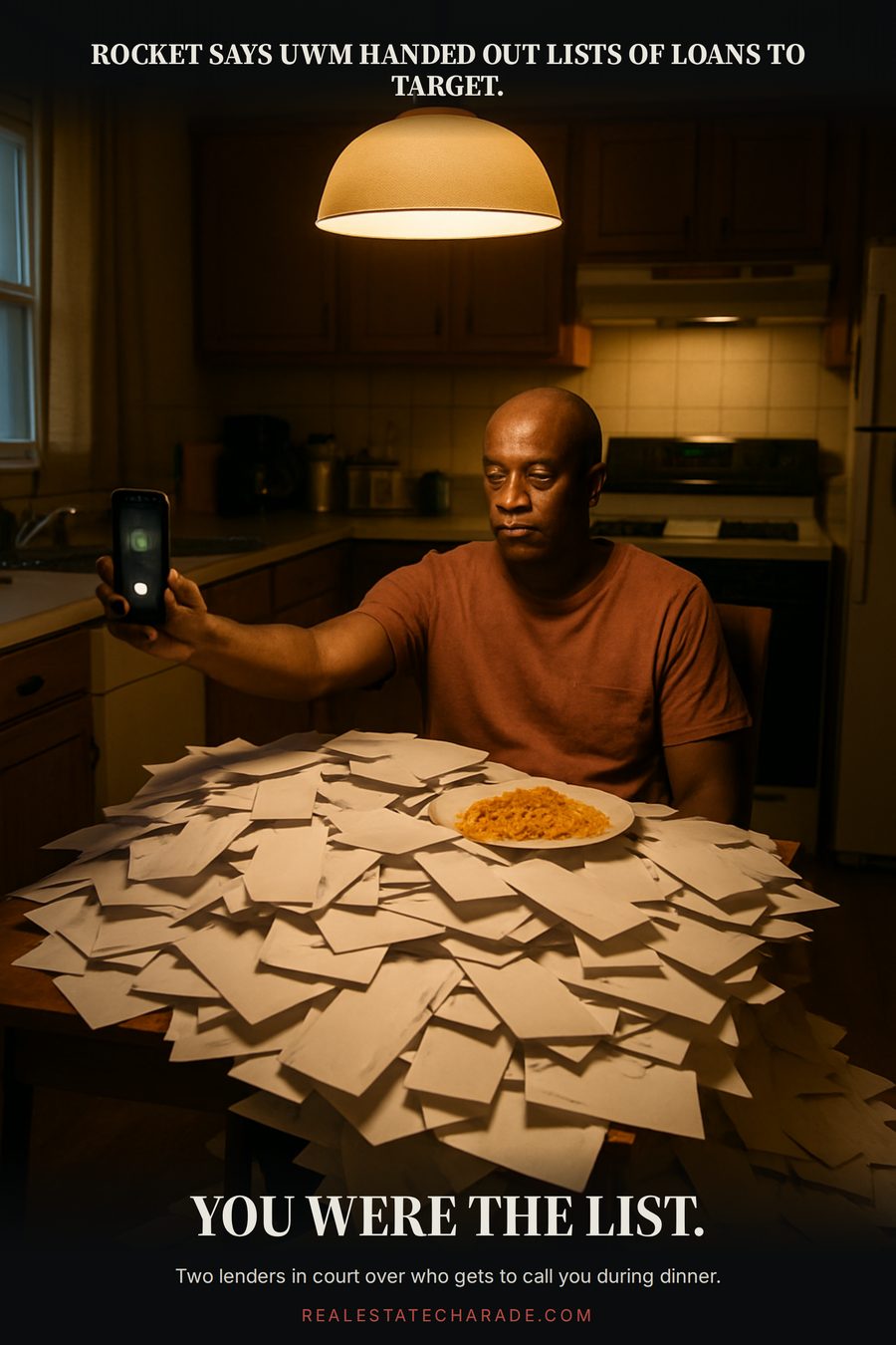 A person at a kitchen table holds a ringing phone at arm's length while a huge pile of identical junk-mail envelopes buries the table and a plate of spaghetti. Caption above says Rocket says UWM handed out lists of loans to target; below reads: You were the list.