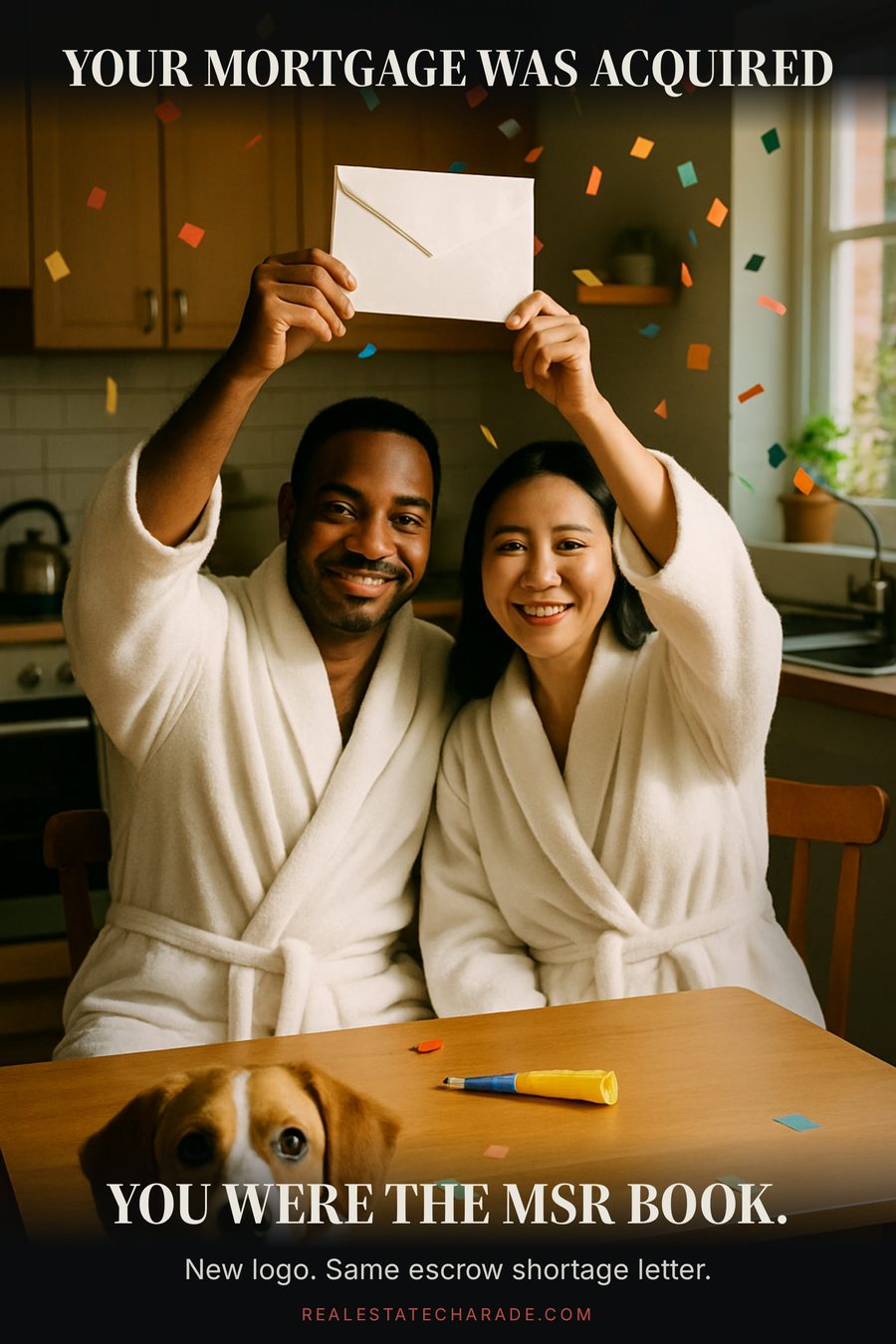 Meme image: a couple in bathrobes at a kitchen table hold up an opened envelope with confetti in the air while a dog watches. Text above says your mortgage was acquired; text below says you were the MSR book.