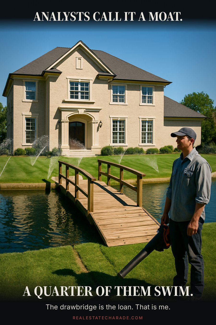 A new beige suburban mansion surrounded by a real water-filled moat with a small drawbridge, a landscaper staring at the water. Captions read that analysts call it a moat, a quarter of them swim, and that the drawbridge is the loan.