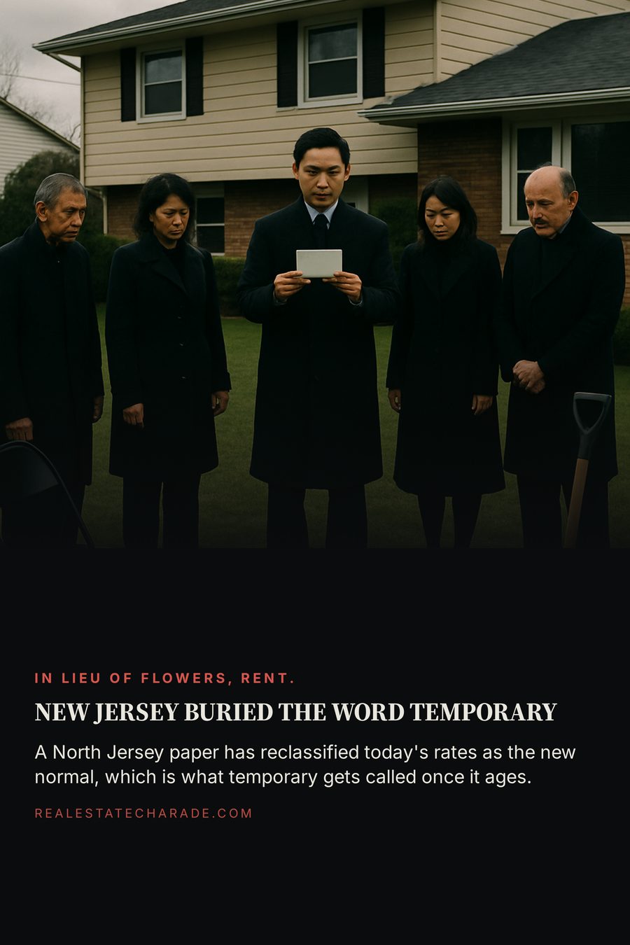 Six people in dark coats standing around a very small hole in a suburban front lawn as if at a funeral, above text reading that New Jersey buried the word temporary after a local paper called current rates the new normal.
