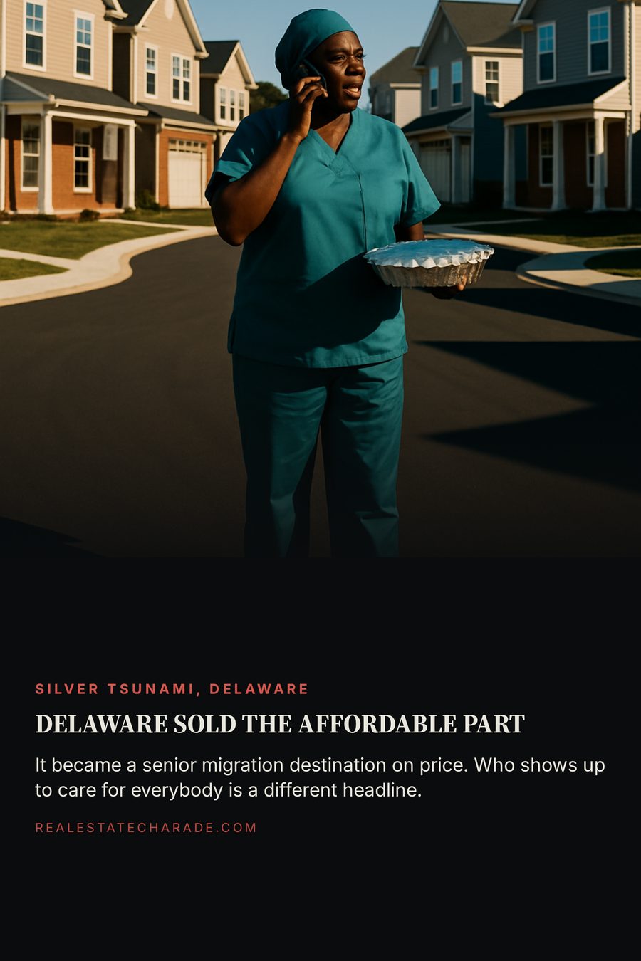 A person in scrubs stands alone in an empty cul-de-sac of new identical houses, phone to their ear and a covered casserole dish in hand. Headline below reads: Delaware sold the affordable part. Body text: It became a senior migration destination on price. Who shows up to care for everybody is a different headline.