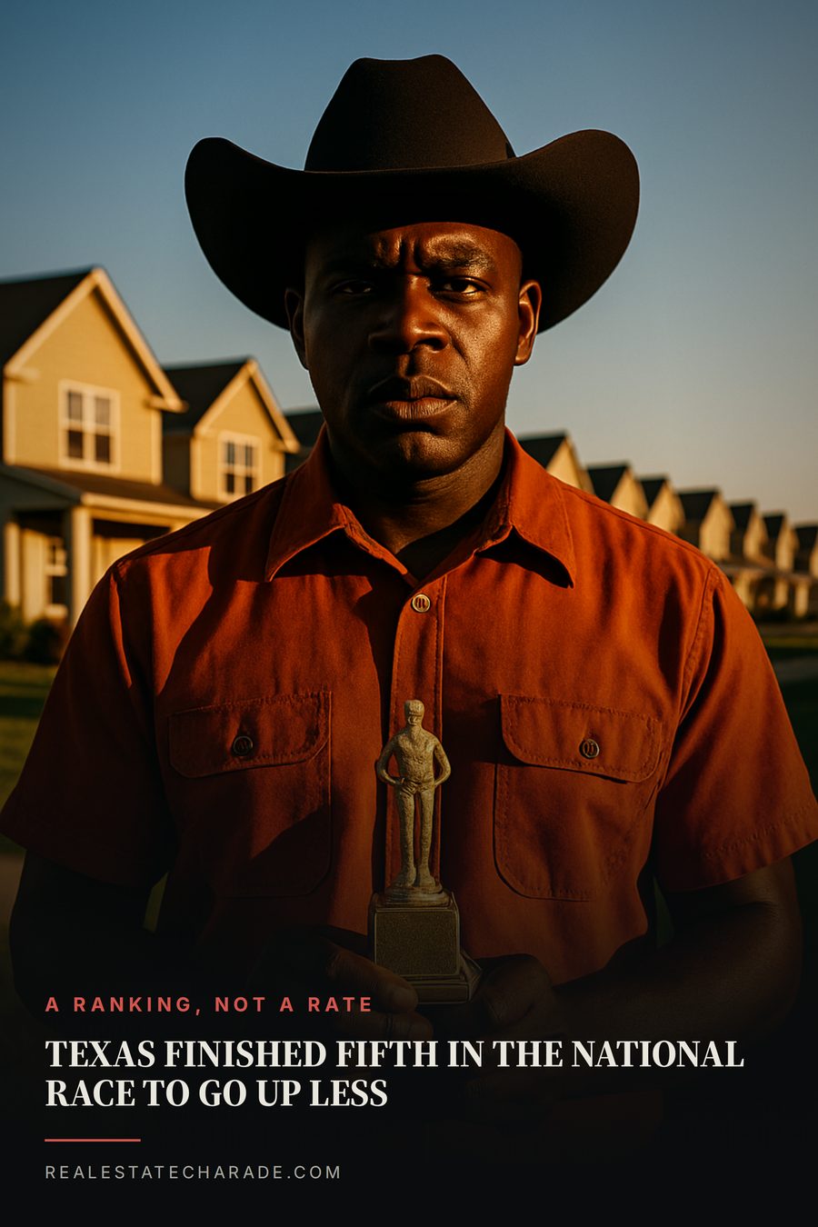Photo of a man in a cowboy hat holding a tiny plastic trophy in a suburban yard at sunset. Headline reads Texas finished fifth in the national race to go up less, with a kicker noting it is a ranking, not a rate.