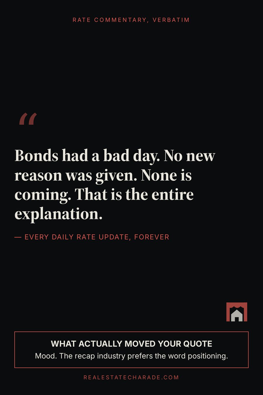 A typographic quote card reading that bonds had a bad day, no new reason was given, none is coming, and that is the entire explanation, attributed to every daily rate update, with a note that what actually moved your quote was mood.