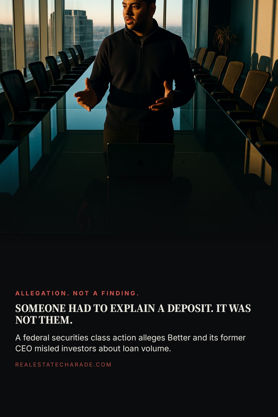 A man in a quarter-zip stands alone at the head of a long empty glass conference table addressing rows of empty chairs. Headline reads someone had to explain a deposit, it was not them, over a line noting a federal class action alleging a lender misled investors about loan volume.
