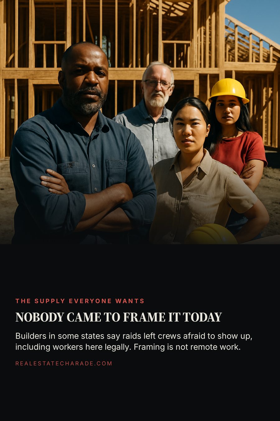 A half-framed two-story house on a bare dirt lot in harsh midday sun, with exposed studs and trusses, a nail gun on a sawhorse and a hard hat on a lumber stack, and no workers present. Headline reads nobody came to frame it today, with a line noting builders in some states say raids left crews afraid to show up, including workers here legally, and that framing is not remote work.