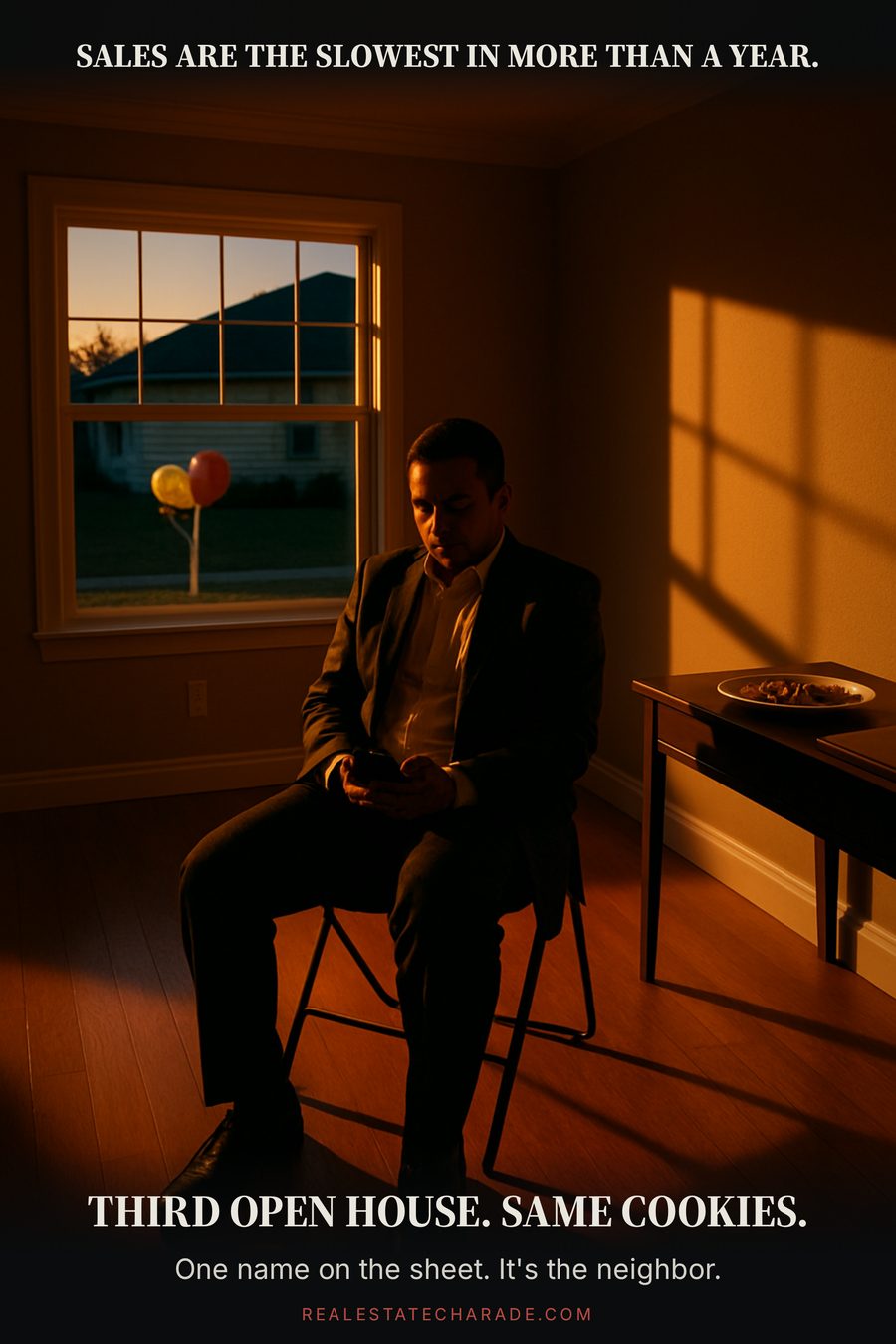 An agent sits alone in a folding chair in an empty staged living room at dusk beside a tray of untouched cookies, checking a phone. Caption above reads 'Sales are the slowest in more than a year.' Caption below reads 'Third open house. Same cookies.' A smaller line adds 'One name on the sheet. It's the neighbor.'
