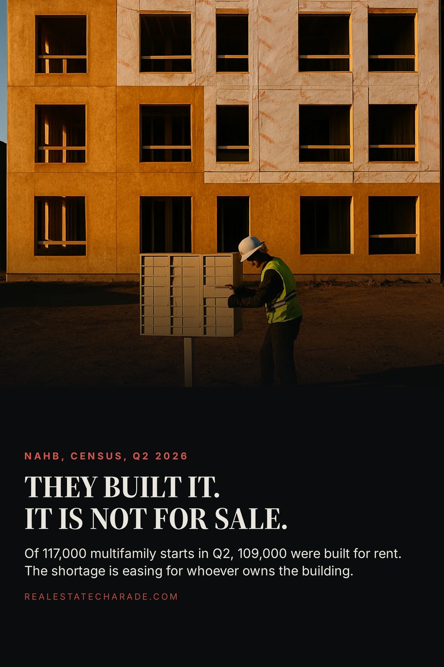 Photo of a nearly finished apartment building at sunset with a worker installing a long bank of mailboxes in an empty dirt lot, above text reading they built it, it is not for sale.