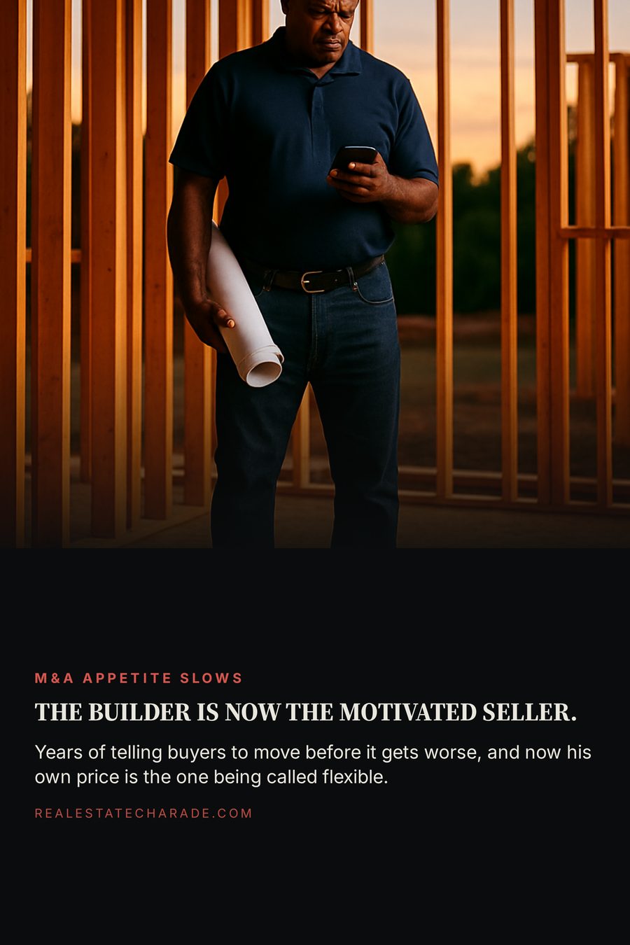 A builder in a company polo stands inside an unfinished framed house at dusk, checking his phone. Headline reads the builder is now the motivated seller, with a line about his own price being called flexible.