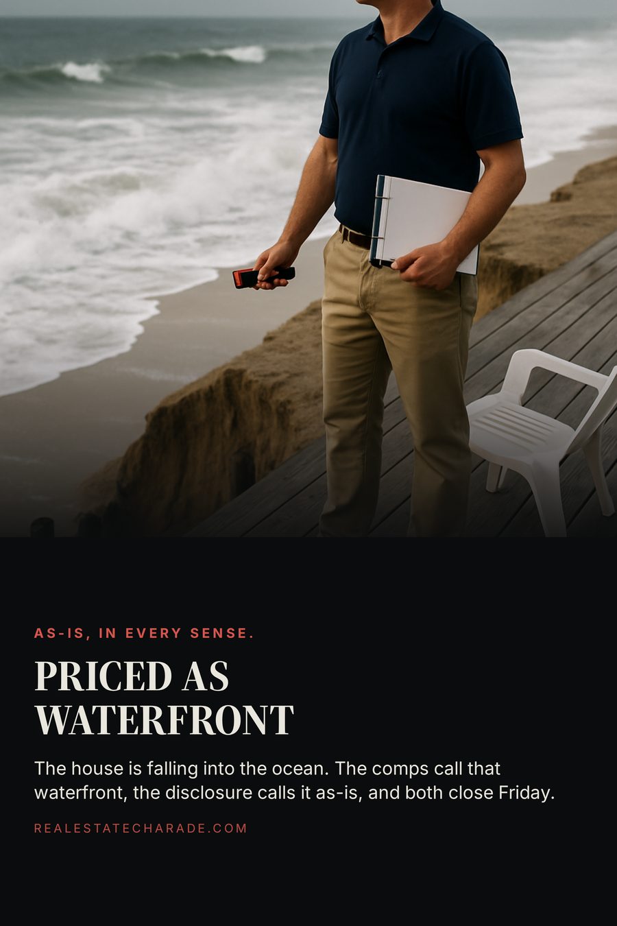 A home appraiser with a clipboard stands calmly at the edge of a beachfront deck that ends in a sheer drop to the surf, pilings exposed below. Headline reads Priced as waterfront, with a line saying the house is falling into the ocean while the comps call it waterfront and the disclosure calls it as-is.