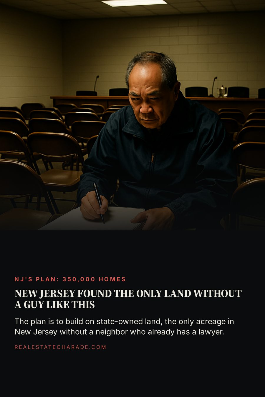 Split layout. Photo of a man in his sixties sitting alone in the front row of an empty fluorescent-lit municipal meeting room, holding a thick binder on his lap. Headline reads New Jersey Found The Only Land Without A Guy Like This. Body text reads: The plan is to build on state-owned land, the only acreage in New Jersey without a neighbor who already has a lawyer. Kicker reads NJ's plan: 350,000 homes.