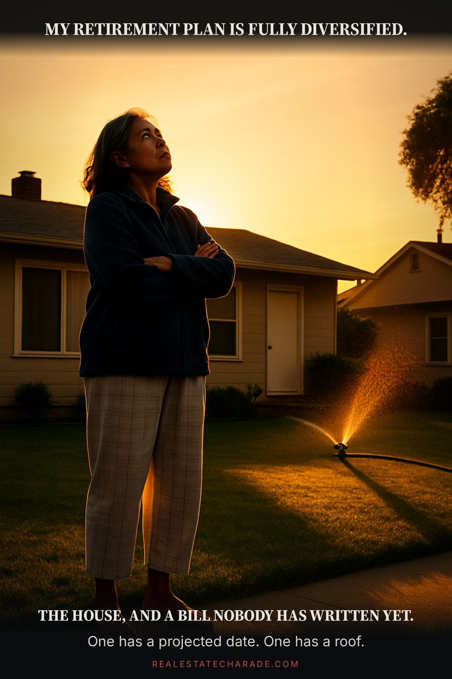 Meme graphic: a woman in her sixties stands barefoot on her front lawn at sunrise, arms folded, studying her own single-story house. Caption above reads that her retirement plan is fully diversified; below, that it consists of the house and a bill nobody has written yet.