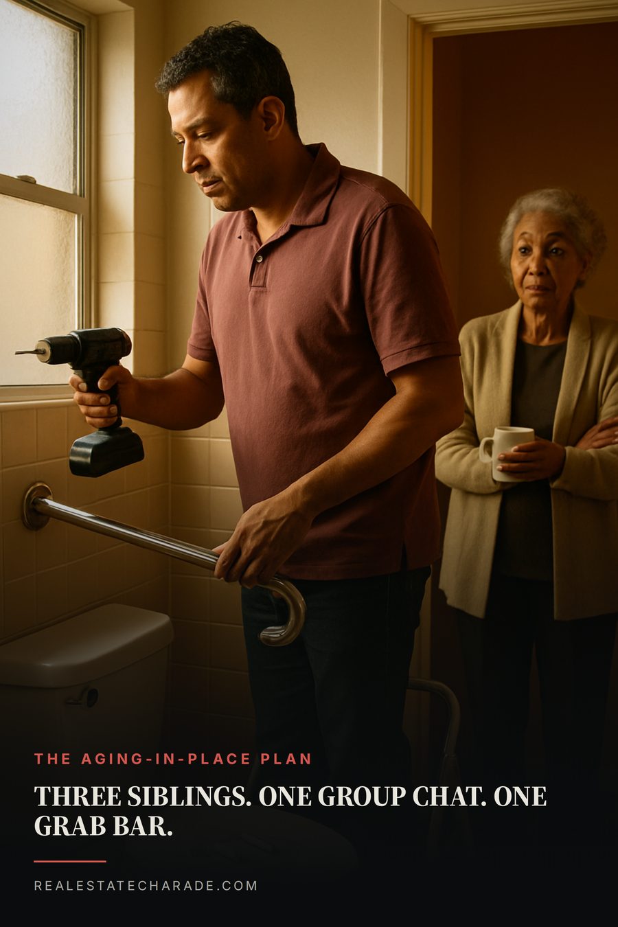 A man in his forties on a stepladder in a dated bathroom has just installed a visibly crooked grab bar while an older woman watches from the doorway holding a mug. Text reads Three Siblings. One Group Chat. One Grab Bar, with a small line reading The aging-in-place plan.