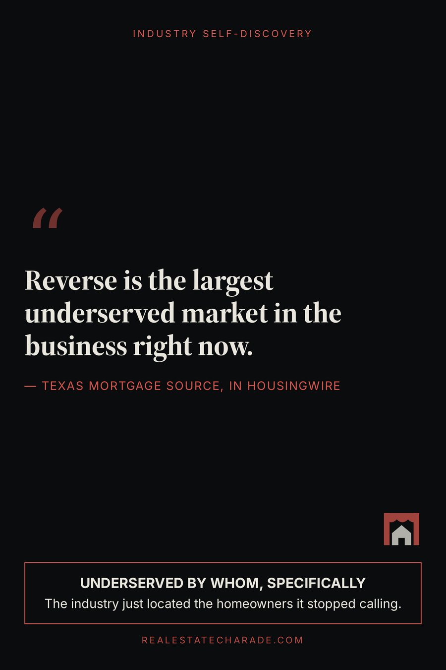 Typographic quote graphic reading 'Reverse is the largest underserved market in the business right now,' attributed to Texas Mortgage Source in HousingWire, with a reframe panel headed 'Underserved by whom, specifically' and the line 'The industry just located the homeowners it stopped calling.'