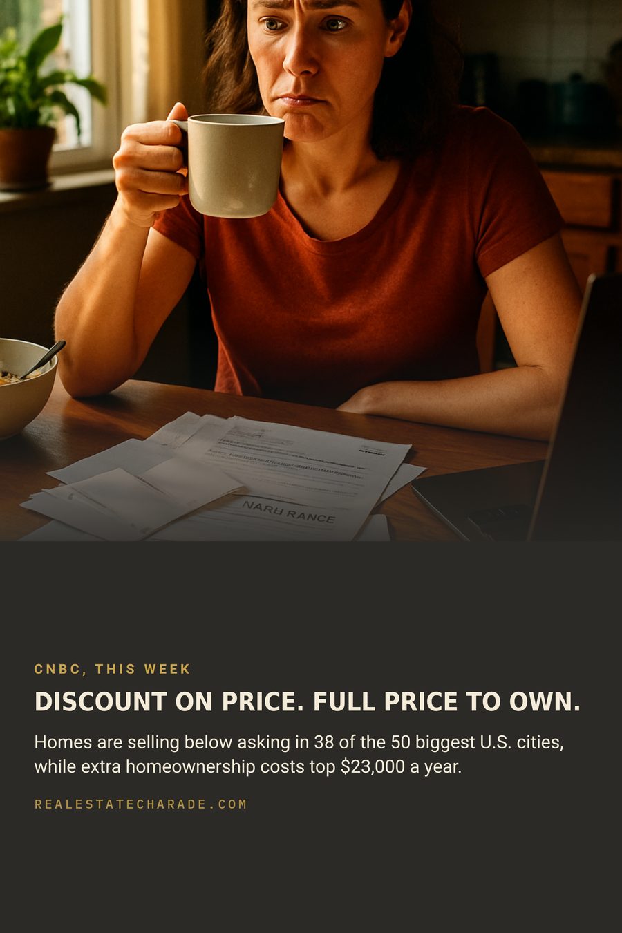 Split graphic. Photo of a woman at a kitchen table grimacing at opened bills and an insurance statement with a calculator. Text block below reads discount on price, full price to own, with a sentence noting homes are selling below asking in 38 of the 50 biggest U.S. cities while extra homeownership costs top 23,000 dollars a year.